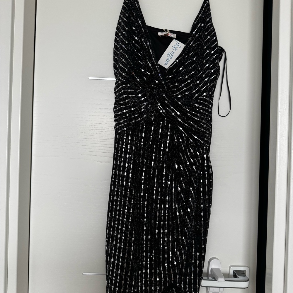Elegant Black and Silver Striped Dress